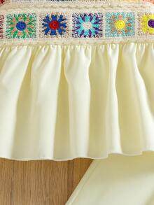 Set 2 buc. fete, top și pantaloni cu mânecă scurtă brodați cu flori colorate, ținută casual confortabilă pentru exterior/sărbători/zi de naștere, vară - Caisă - Vizualizare 7