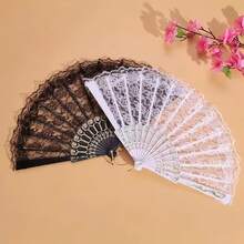 Plastic Frame Handheld Portable Fan, Smooth Retro Design, Essential Cooling Accessory For Weddings, Nightclubs And Cosplay - Princess Theme Retro Fabric Hand Fan Halloween - Black - View 5