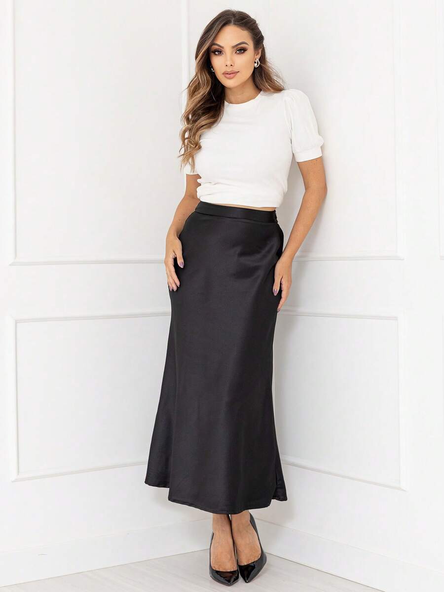 Elegant Long Skirt Women's Fashion Satin Skirt With Side Zipper Code167 - 黑色 - 查看 1