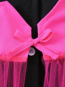 Tween Girls' Solid Color Short Sleeve Collar Waist Tie Mesh Panel Dress - Màu Hồng Tươi - Xem 7
