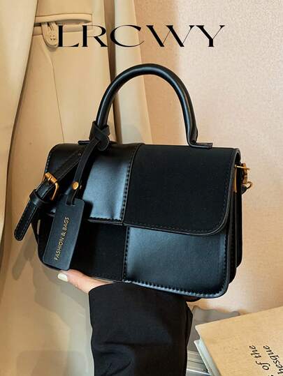 女士双色格子拼接设计方形手提包时尚优雅简约斜挎包黑色