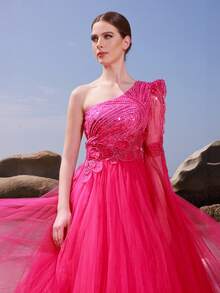 DELLA COUTURE Damen rotes Mesh Abendkleid, handgefertigte bestickete Applikation mit Perlen, ein-schultriges, einzelnes Ärmel, exquisite modische Sommer trägerlose Ballkleid, elegantes, schlankes, prachtvoll bodenlanges Kleid, passend für Partys, Prom, Hochzeiten und andere formelle Anlässe, Hochzeitsgast Kleid, langes Cocktailkleid mit großer Schwingung, Partykleid - Rosenrot - Übersicht 3