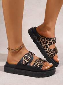 Women Buckle Decor PU Flat Sandals, Black, Leopard Print, Color Block, Platform Fashion Shoes, Beach Slide