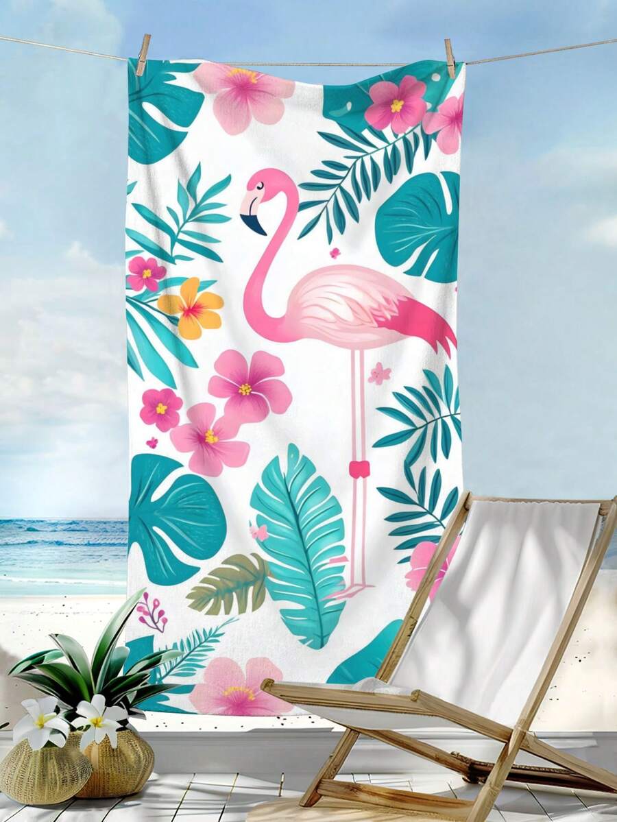1 pièce Serviette de plage avec motif floral et flamant rose, en fibre super douce, séchage rapide et absorbante. Convient pour la natation, les voyages de vacances, le camping en extérieur - Multicolore - Voir 1