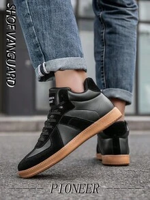 男士经典黑色皮革高帮运动鞋，厚底减震，户外平底防滑登山鞋，街头风格情侣舒适休闲跑步鞋 - 黑色 - 查看 2