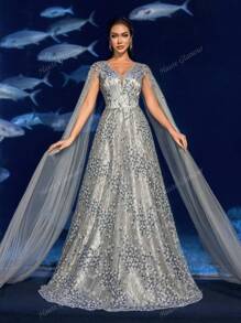 Faeriesty Vestido de noche con lentejuelas y mangas de capa de lujo con efecto floral, patrón de flores con cuentas y falda con flujo completo para bodas, eventos de alfombra roja y cenas lujosas