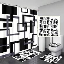 1pc/4pcs Abstract Modern Pattern Bathroom Waterproof Shower Curtain Set With 12 Hooks, Non-Slip Bath Mat, U-Shaped Contour Rug, And Round Toilet Lid Cover, Full Scene Bathroom Decor Set Back To School