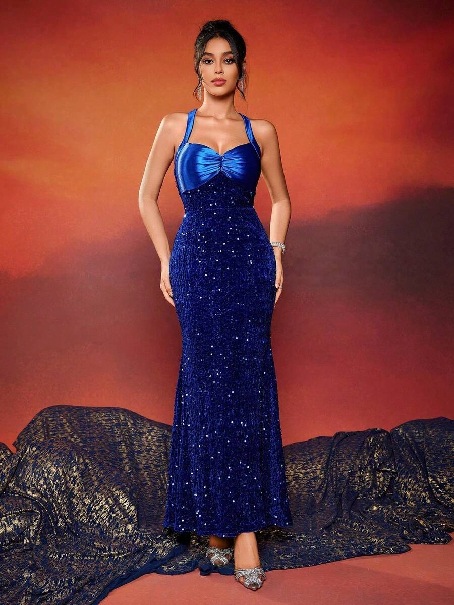 Women's Sequins Panel Cocktail Party Dress (Heavy Style), Prom Dress - Royal Blue - View 1