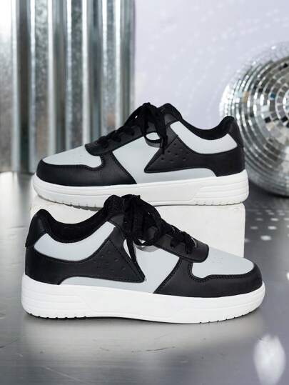 Fashion Simple Classic Round Toe Sports Casual Sneakers, Light Gray & Black Lace-Up Thick Sole Casual Athletic Shoes, Suitable For Students, Skate, Campus & Sports, Comfortable & Breathable