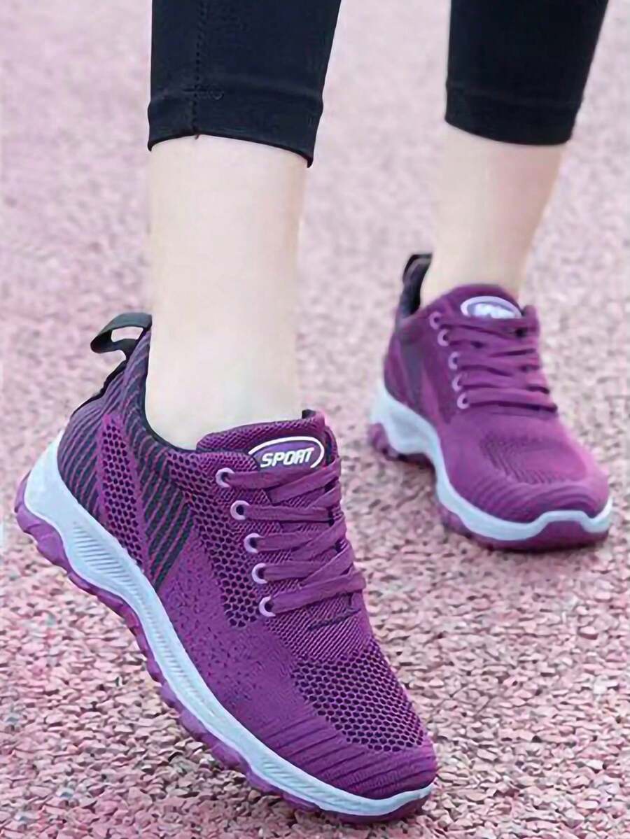 Zapatillas de deporte de malla transpirable de colores sólidos para mujer, cómodas zapatillas de deporte antideslizantes de puntera redonda con cordones, ligeras y amortiguadoras, zapatillas de deporte para pareja, zapatillas de deporte de mujer para fitness, correr y para el día a día. - Morado - Ver 1