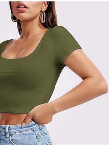 Short Sleeve Square Neck Crop Top For Women Y2K Soft Workout Shirt Going Out Tops Sexy Slim Fitted Casual Base Layer Lightweight,Local Delivery - 綠色 - 查看 2