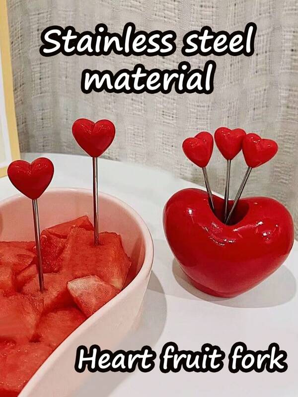 1 Set Of Love Fruit Fork With Base Sleeve, Creative Stainless Steel Household Fruit Stick, Cute Dessert Cake Dessert Fork.