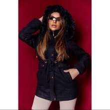 Jaqueta  Parka Lã Batida Longa Moda Feminina - Preto - Visão 3