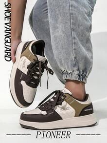 男士时尚休闲系带运动鞋皮革拼接字母装饰防滑透气户外运动鞋时尚舒适减震