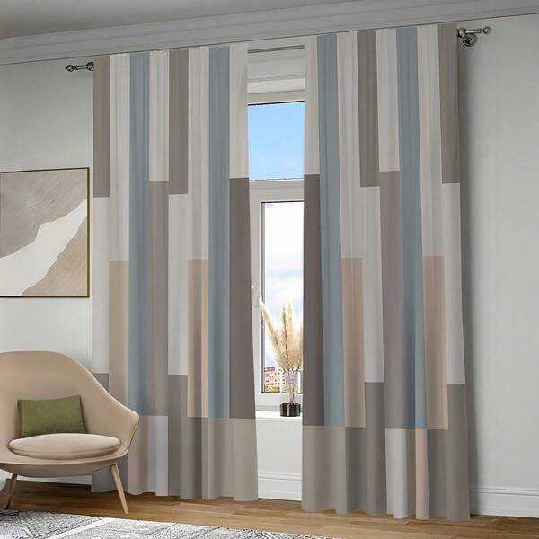 2pcs/Set Digital Printed Curtains, Gray Tone Patchwork Geometric Striped Pattern, Rod Pocket Top, Easy To Hang, Machine Washable, Quality Polyester Fabric, Thick And Durable, Light Filtering, Modern Minimalist Home Decor For Bedroom, Living Room, Kitchen, Closet, Office