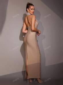 Modphy New Heavy Industry Pearl Bead Halter Neck Sleeveless Tight Sexy Long Bandage Dress Elegant Ladies Formal Dinner Dress Fashion Birthday Party Ladies Formal Dinner Carnival Easter Dress, Gown, For Evening, Wedding Guest