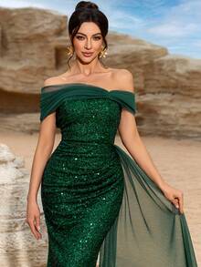 Elisanya 女士新款亮片正式晚礼服，不对称肩部网眼缎带露肩长裙，派对礼服，婚礼宾客礼服