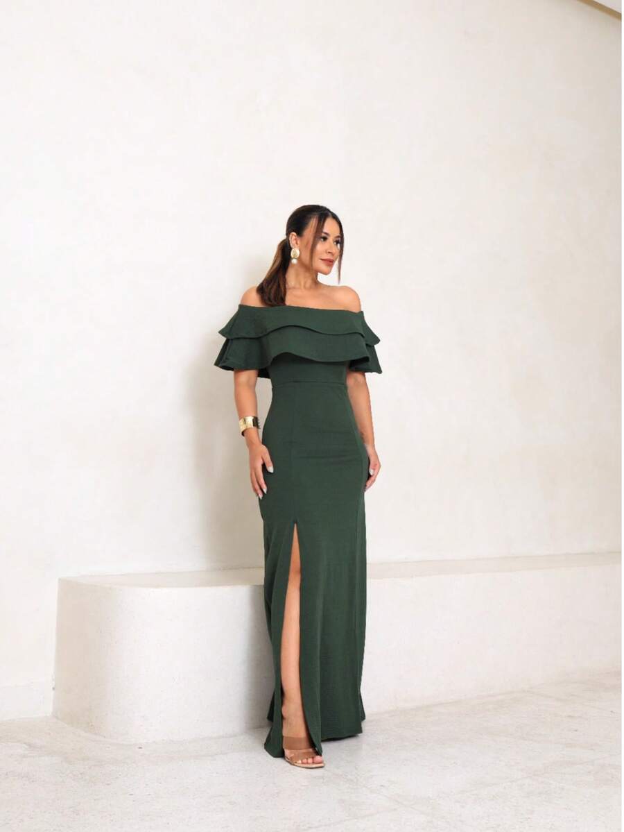Long Off-The-Shoulder Mermaid Dress With Slit For Wedding Bridesmaid Bride Graduation And General Event - Army Green - View 1