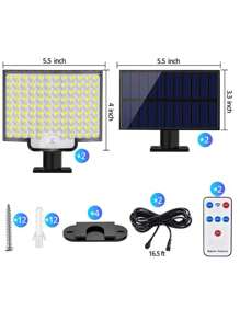 1 pieza Luz de pared exterior con sensor de movimiento alimentada por energía solar con 106 LED - Impermeable, haz de luz de 120°, incluye cable de 5,03 metros - Perfecta para acampar, jardines, pasillos y garajes