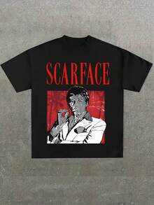 Plus Size Men's,Scar Face Tony Montana Black Adult  ,(1 Pcs )100% Cotton Casual Printed T-Shirt,Crew Neck Short Sleeve,220g  Cotton T-Shirt,For Going Out,Gift,Summer,Unisex - 黑色 - 查看 1