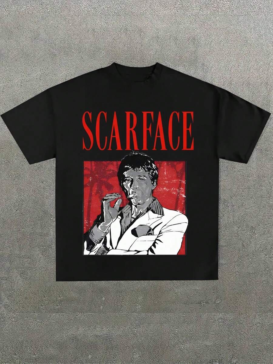 Plus Size Men's,Scar Face Tony Montana Black Adult  ,(1 Pcs )100% Cotton Casual Printed T-Shirt,Crew Neck Short Sleeve,220g  Cotton T-Shirt,For Going Out,Gift,Summer,Unisex - 黑色 - 查看 1