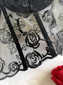 1pc Black Lace Rose & Mesh Padded Underwire Embroidered Floral Sheer Bodycon Bustier Top
