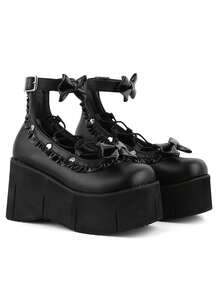 Tacones de plataforma con puntas góticas y punk para mujer, con hebilla con forma de corazón, cadena, remaches, cuña alta para vestidos de fiesta, cosplay y uso diario - Negro B - Ver 2