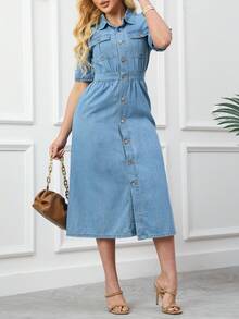 Ladies' Denim Skirt With Practical Pockets, Front Button Design, Casual Denim Skirt, Fashionable Daily Wear, Perfect For Summer And Spring. - 中等水洗藍 - 查看 1