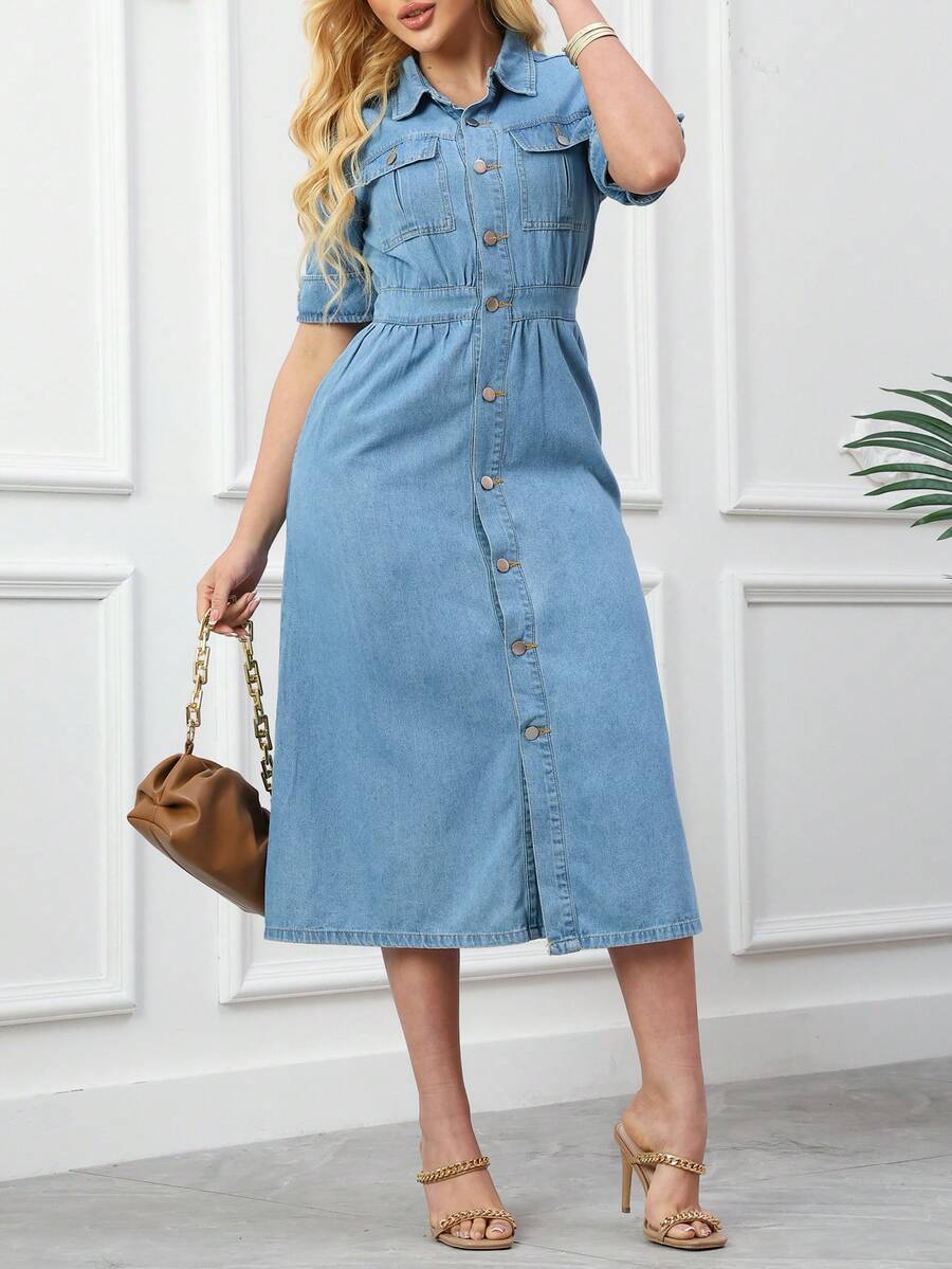 Ladies' Denim Skirt With Practical Pockets, Front Button Design, Casual Denim Skirt, Fashionable Daily Wear, Perfect For Summer And Spring. - 中等水洗藍 - 查看 1