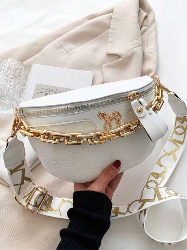 Medium Crossbody Chest Bag Crocodile Embossed Coin Purse, Fashion Chain Decor Zipper Fanny Pack With Adjustable Strap, Stylish Artificial PU Leather Waist Bag For Travel & Sports, Retro Classic Commuting Shoulder Bags For Women