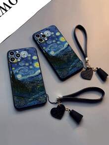 1pc Precision Hole Edged Van Gogh Blue Sky Painting Thick Shockproof Painted Phone Case With New Leather Heart Wrist Strap DIY Phone Case Pendant Tassel Wristband Charm Accessory Compatible With IPhone 17pro/17Air /17/17promax16/11/16pro/16plus/16promax/16e/15Promax/13/14/12/XS/XR/7G/8P, Galaxy, Redmi - Multicolor - View 1