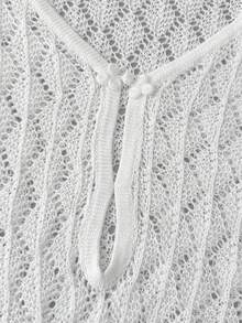 Women's Elegant V-Neck Shoulder Long Sleeve Hollow Solid Color Plus-Size Short Knitted Sweater Dress, Vacation Sheer Mesh Knot Button Crochet Cover Up Sexy Beach Bikini Dress, Spring Summer Fall