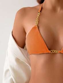 New Sexy Ribbed Strap Chained Split Bikini Swimsuit For Women - Burnt Orange - View 4