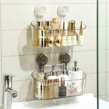 1pc Large Capacity Transparent Suction Cup Storage Rack, Oval Plastic Bathroom Organizer Shelf, Multi-Function Shower Gel Hanging Basket, Suitable For Cosmetics, Kitchen, Living Room Storage