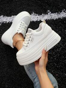 秋冬女士休闲运动鞋新款时尚白黑厚底厚底鞋 - 白色 - 查看 3