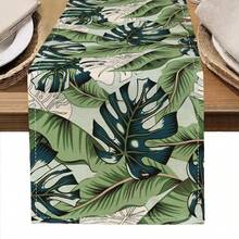 1 件绿叶和棕榈叶印花桌旗，适合节日、派对、生日、晚宴、厨房和餐桌装饰、四季家居和客厅纺织品装饰