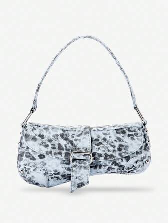 Blue Animal Print Underarm Bag, Leopard Rivet Motorcycle Style Shoulder Bag, Shaped Women's Handbag Casual Underarm Bag, Y2K Hobo Bag, Crescent Bag, Street Style Holiday Gift For Teen Girls, Party, Daily Wear, Work. Leopard Rivet Bag Spring Summer New Arrival