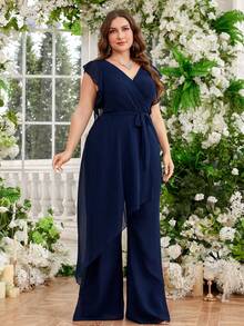 UNITHORSE Elegant V-Neck Maxi Dress With Lace Sleeves And Belted Waist In Fabric For Office Commute And Parties Long Flared Pantsuit Solid Color Chiffon One-Piece Romper
