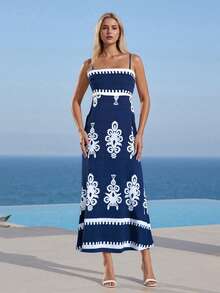 Women's Long Cami Dress Retro Print Sleeveless Spaghetti Strap Flowy A Line Dress With Pockets - Blue - View 4