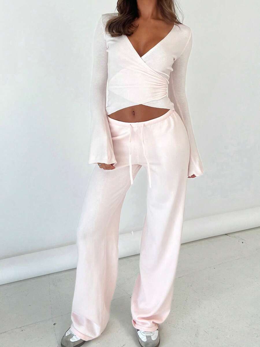 Women Y2k 2 Piece Outfits Straight Leg Pants Set Long Sleeve Crop Tops Y2k Casual Deep V Neck Cross Wrap Slim Fit T-Shirts With Elastic Waist Wide Leg Pants Tracksuit Lounge Yoga Sets Sports Going Out Outfit Streetwear - 粉色 - 查看 1