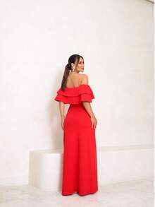 Long Off-The-Shoulder Mermaid Dress With Slit For Wedding Bridesmaid Bride Graduation And General Event - Red - View 4