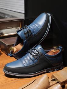 [Fast Arrival]  Men's Classic Black Checkered Derby Shoes - Durable, Non Slip Synthetic Leather Formal Shoes, Rubber Sole, Suitable For Business And Weddings, Tie Up, Round Toe - 藍色 - 查看 2