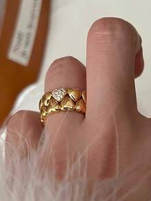 1枚S925纯银双心锆石戒指，优雅奢华派对戒指，周年纪念礼物，情人节礼物，女士日常佩戴饰品 - 雙層桃心戒指 - 查看 2