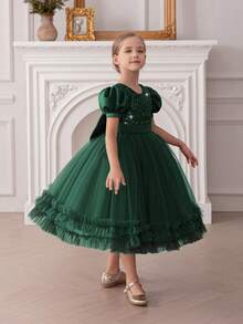 Young Girl Green Sequin Bow Puff Sleeve Mesh Tulle Party Dress, Elegant Princess Dress Suitable For Girls Birthday Party, Wedding Flower Girl, School Performance, Prom, Holiday Celebration - Dark Green - View 6