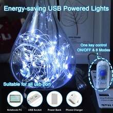 USB 遙控 LED 仙女串燈，65.61英尺（約20米）長，200個迷你閃爍燈，USB供電，防水，附遙控器，8種模式，USB插電螢火蟲燈，適用於聖誕派對、婚禮、聚會、生日派對、仙女花園、聖誕室內外裝飾 - USB遙控器燈串 - 查看 2