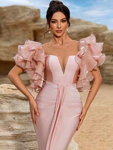 Pink Party Dress With Ruffled Detail, Fitted Tailored Engagement Dress - Baby Pink - View 6