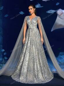 Faeriesty Vestido de noche con lentejuelas y mangas de capa de lujo con efecto floral, patrón de flores con cuentas y falda con flujo completo para bodas, eventos de alfombra roja y cenas lujosas