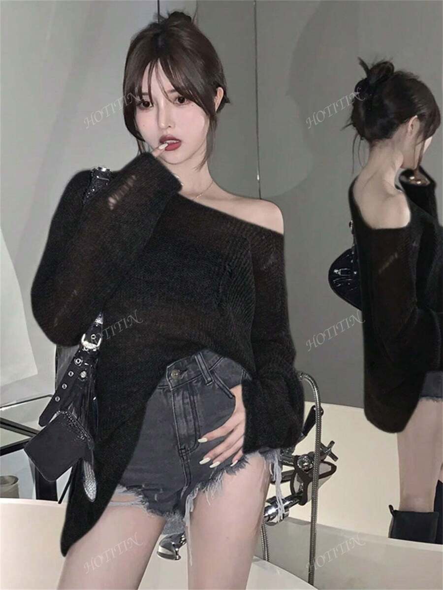 Women's Grey Asymmetrical Shoulder Cutout Design Pullover Sweater, Streetwear Style, Autumn/Winter