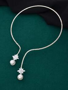 1件优雅仿珍珠和水钻装饰银项链，新娘婚礼颈链首饰