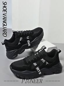 男士时尚街头休闲透气网眼运动鞋，适合户外运动和各种活动，字母图案黑色皮革鞋面，厚垫外底跑鞋 - 黑色 - 查看 3
